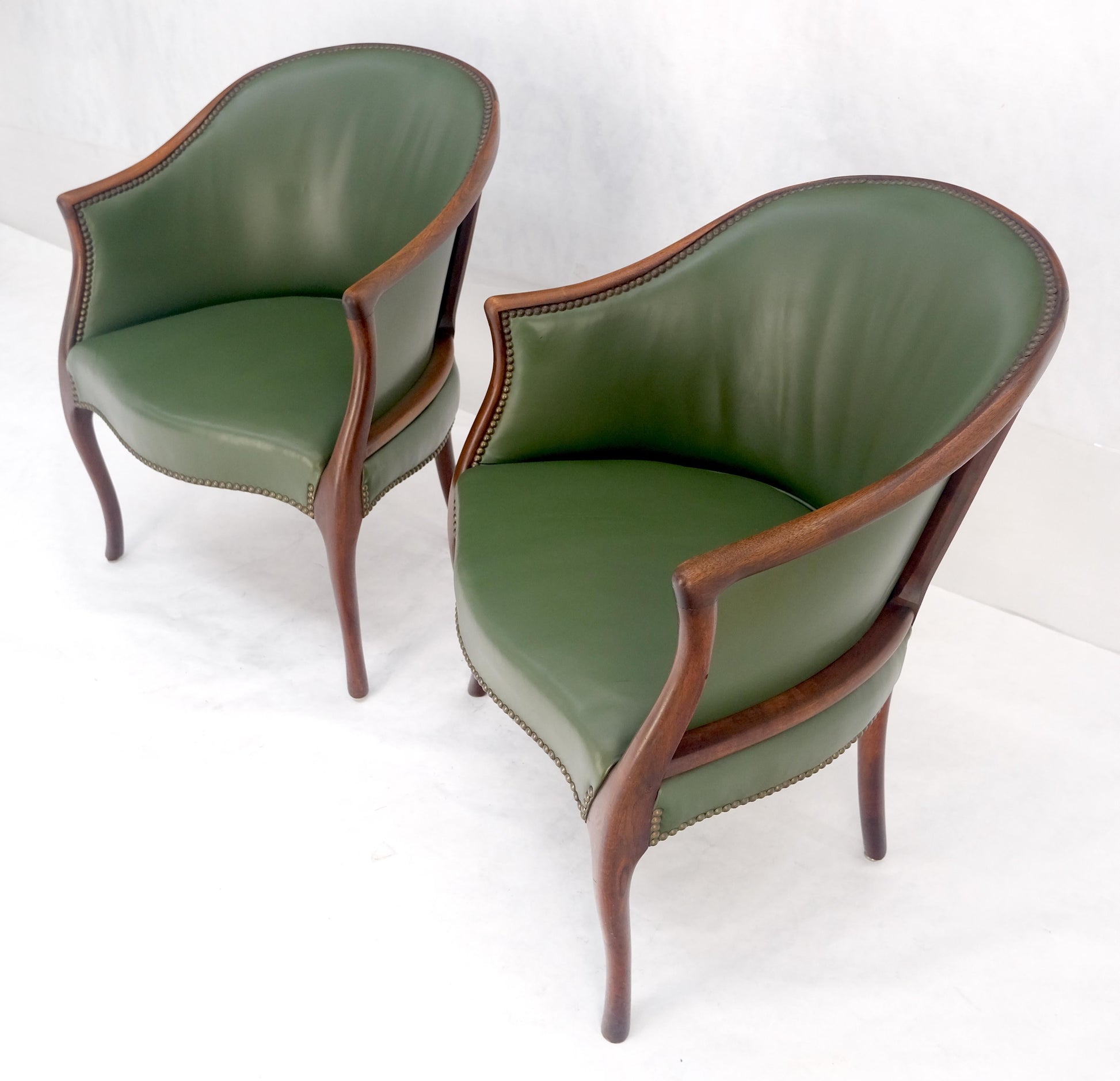 EstablishedLines Pair Very Fine Solid Mahogany Barrel Back Leather Leather Upholstery Armchairs