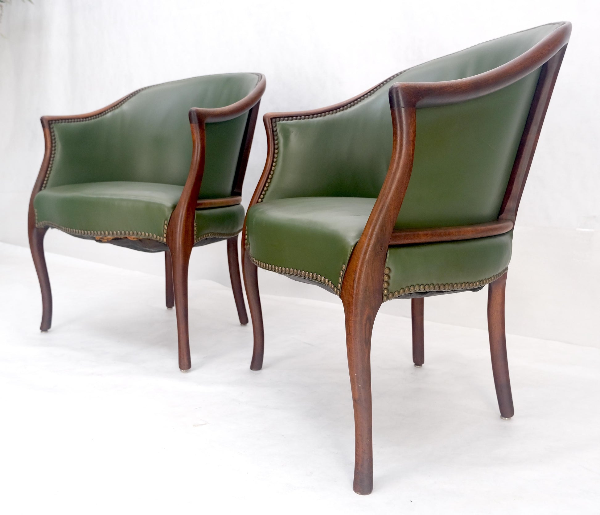 EstablishedLines Pair Very Fine Solid Mahogany Barrel Back Leather Leather Upholstery Armchairs