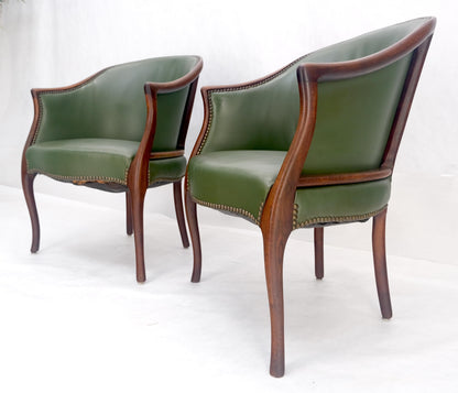 EstablishedLines Pair Very Fine Solid Mahogany Barrel Back Leather Leather Upholstery Armchairs
