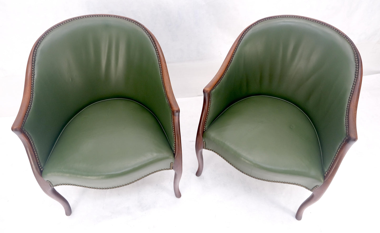 EstablishedLines Pair Very Fine Solid Mahogany Barrel Back Leather Leather Upholstery Armchairs
