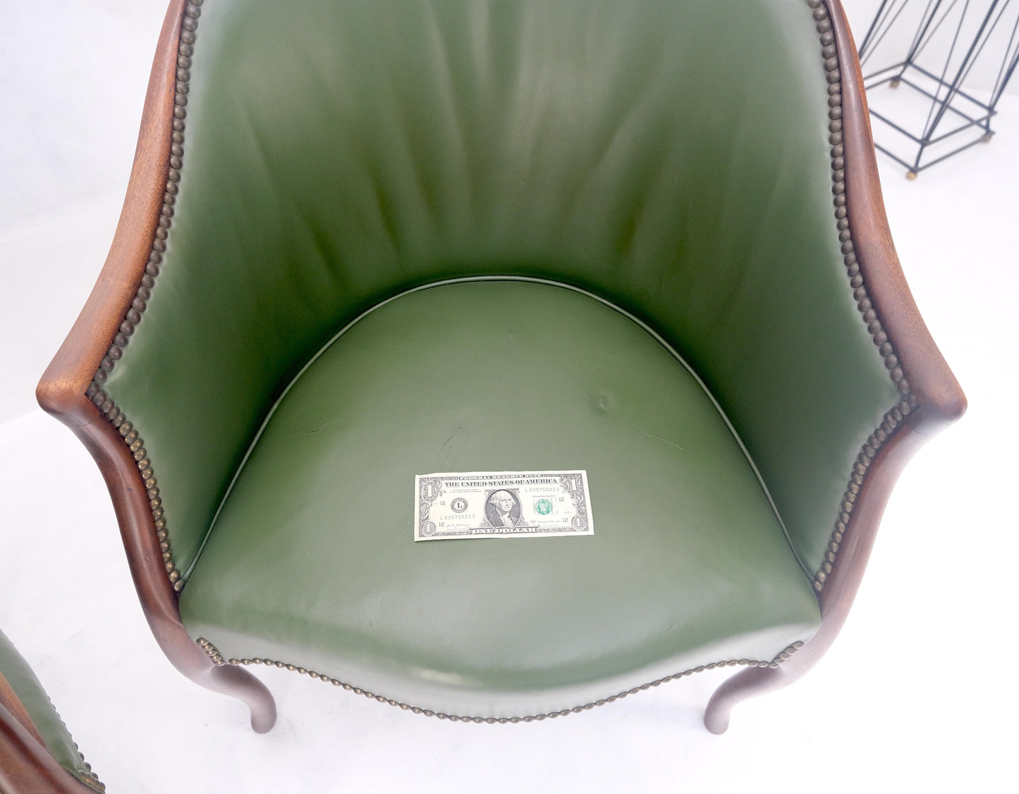 EstablishedLines Pair Very Fine Solid Mahogany Barrel Back Leather Leather Upholstery Armchairs