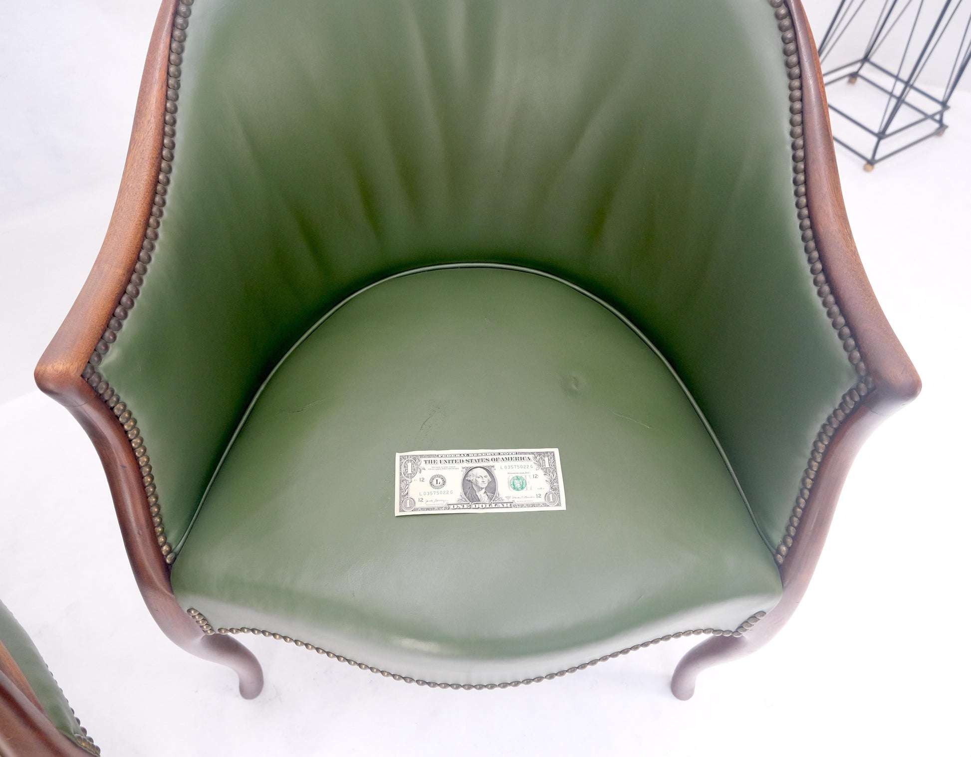 EstablishedLines Pair Very Fine Solid Mahogany Barrel Back Leather Leather Upholstery Armchairs