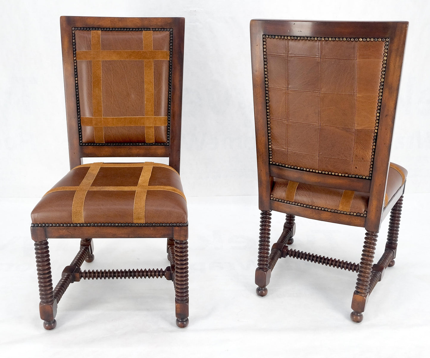Pair of Turned Legs & Stretchers Large Leather Upholstery Side Chairs MINT!