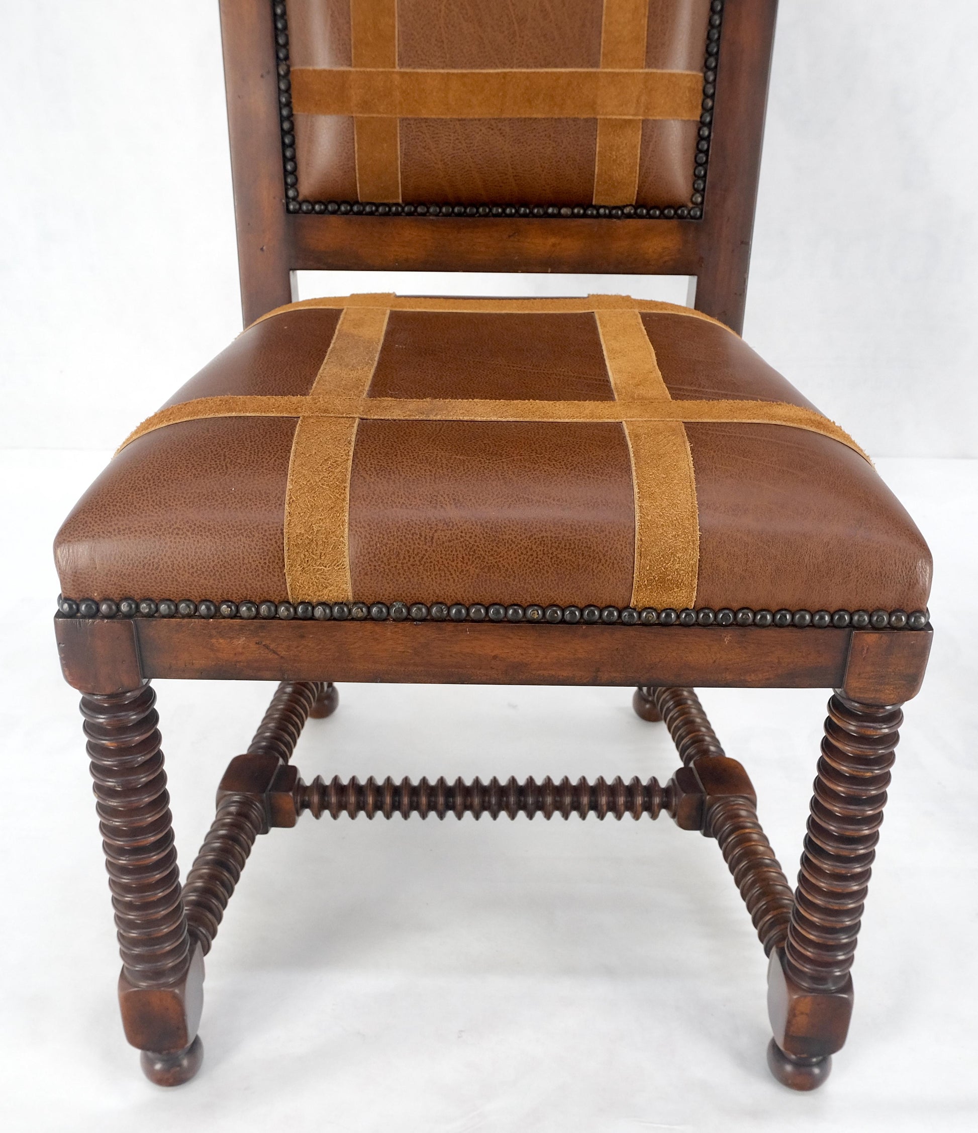 EstablishedLines Pair of Turned Legs & Stretchers Large Leather Upholstery Side Chairs MINT!