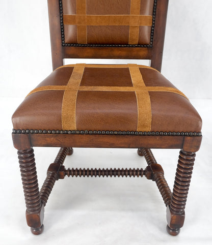Pair of Turned Legs & Stretchers Large Leather Upholstery Side Chairs MINT!