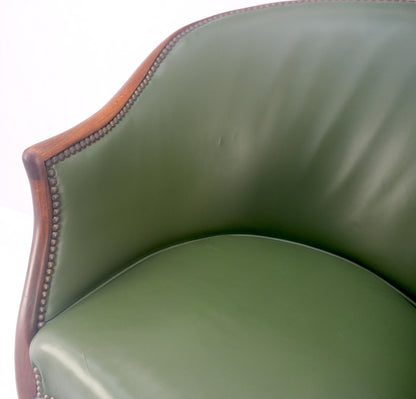 EstablishedLines Pair Very Fine Solid Mahogany Barrel Back Leather Leather Upholstery Armchairs