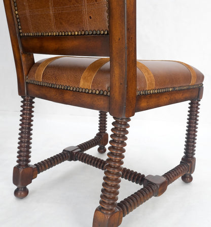 Pair of Turned Legs & Stretchers Large Leather Upholstery Side Chairs MINT!