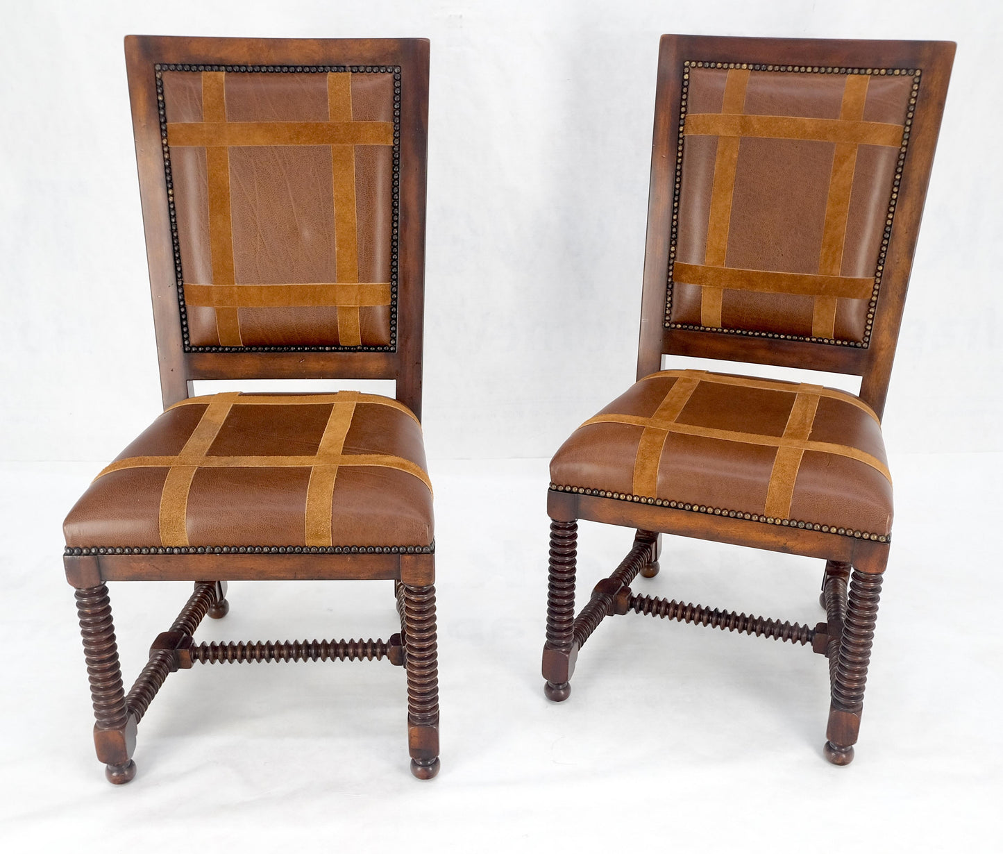 Pair of Turned Legs & Stretchers Large Leather Upholstery Side Chairs MINT!