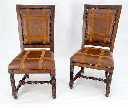 Pair of Turned Legs & Stretchers Large Leather Upholstery Side Chairs MINT!