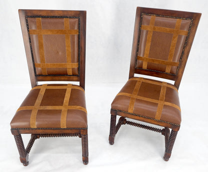Pair of Turned Legs & Stretchers Large Leather Upholstery Side Chairs MINT!