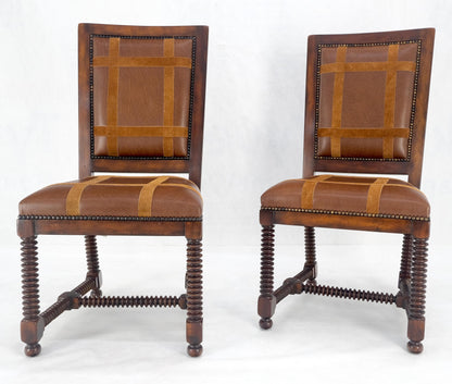Pair of Turned Legs & Stretchers Large Leather Upholstery Side Chairs MINT!