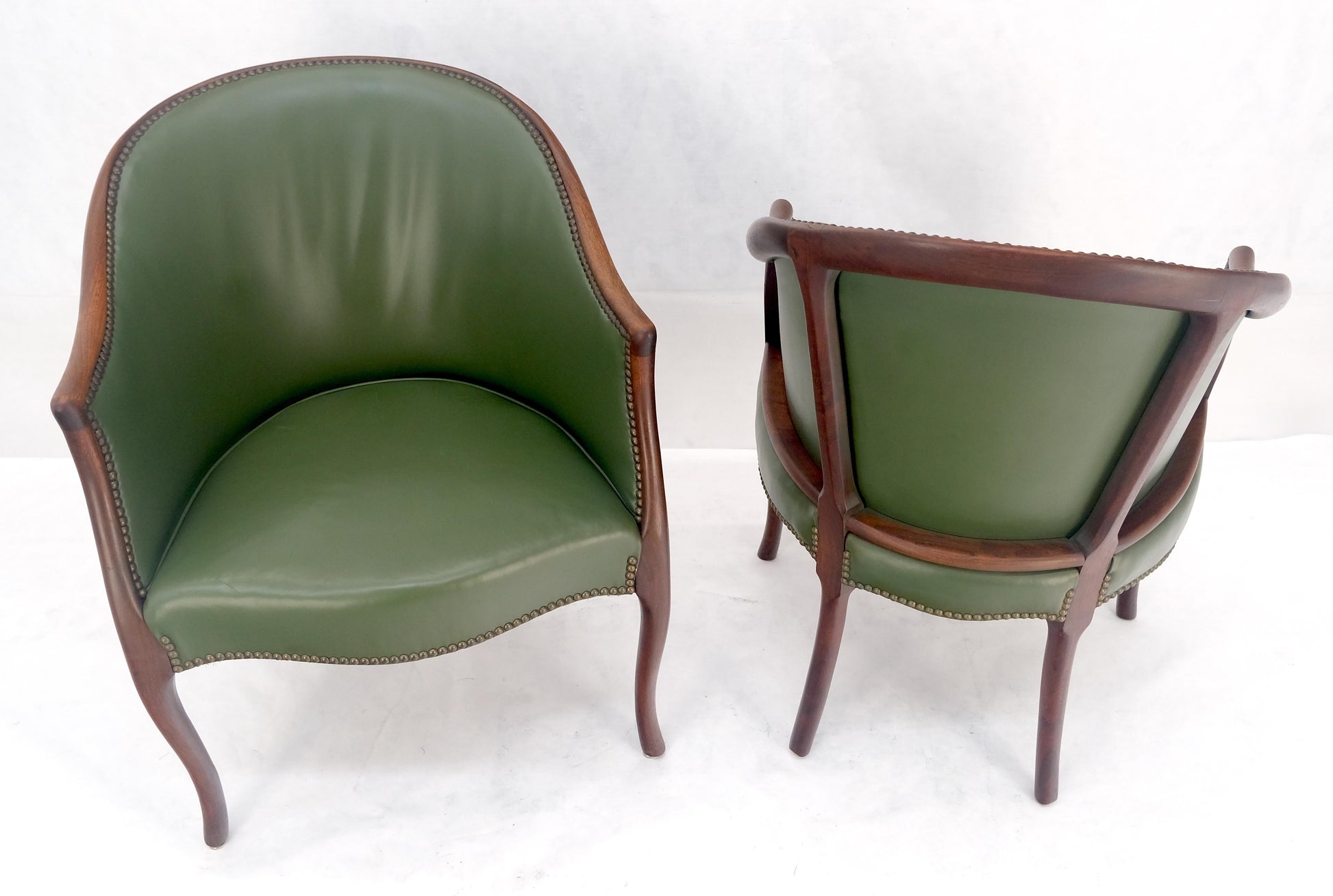 EstablishedLines Pair Very Fine Solid Mahogany Barrel Back Leather Leather Upholstery Armchairs