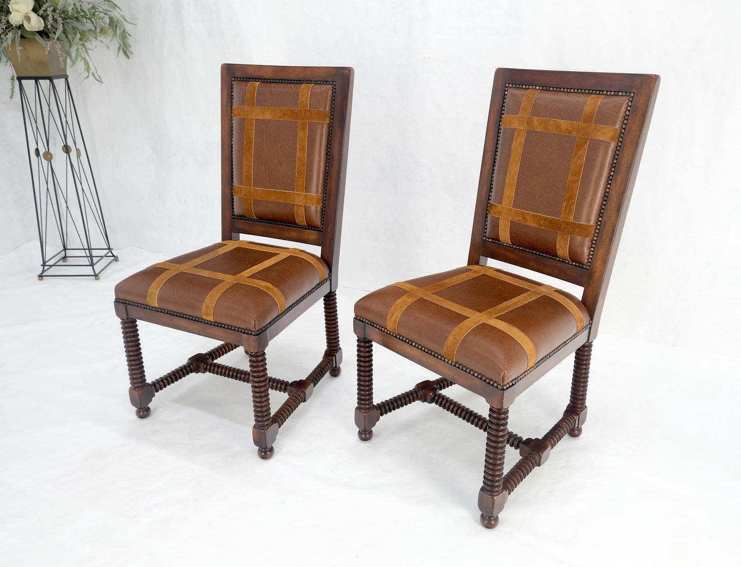 Pair of Turned Legs & Stretchers Large Leather Upholstery Side Chairs MINT!