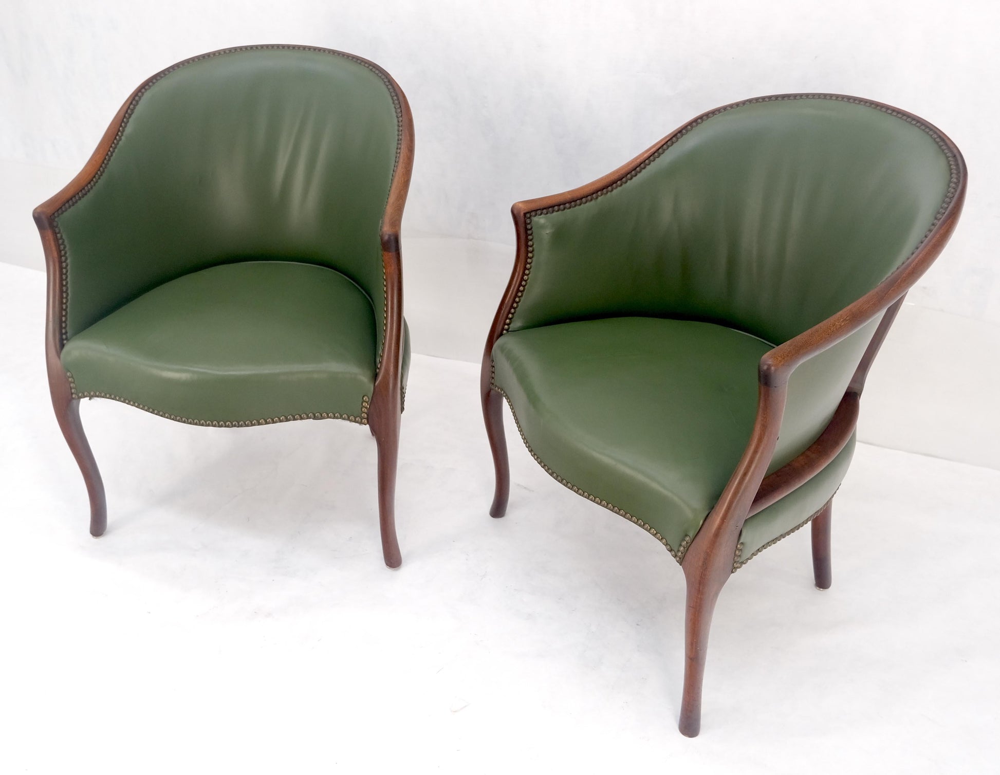 EstablishedLines Pair Very Fine Solid Mahogany Barrel Back Leather Leather Upholstery Armchairs
