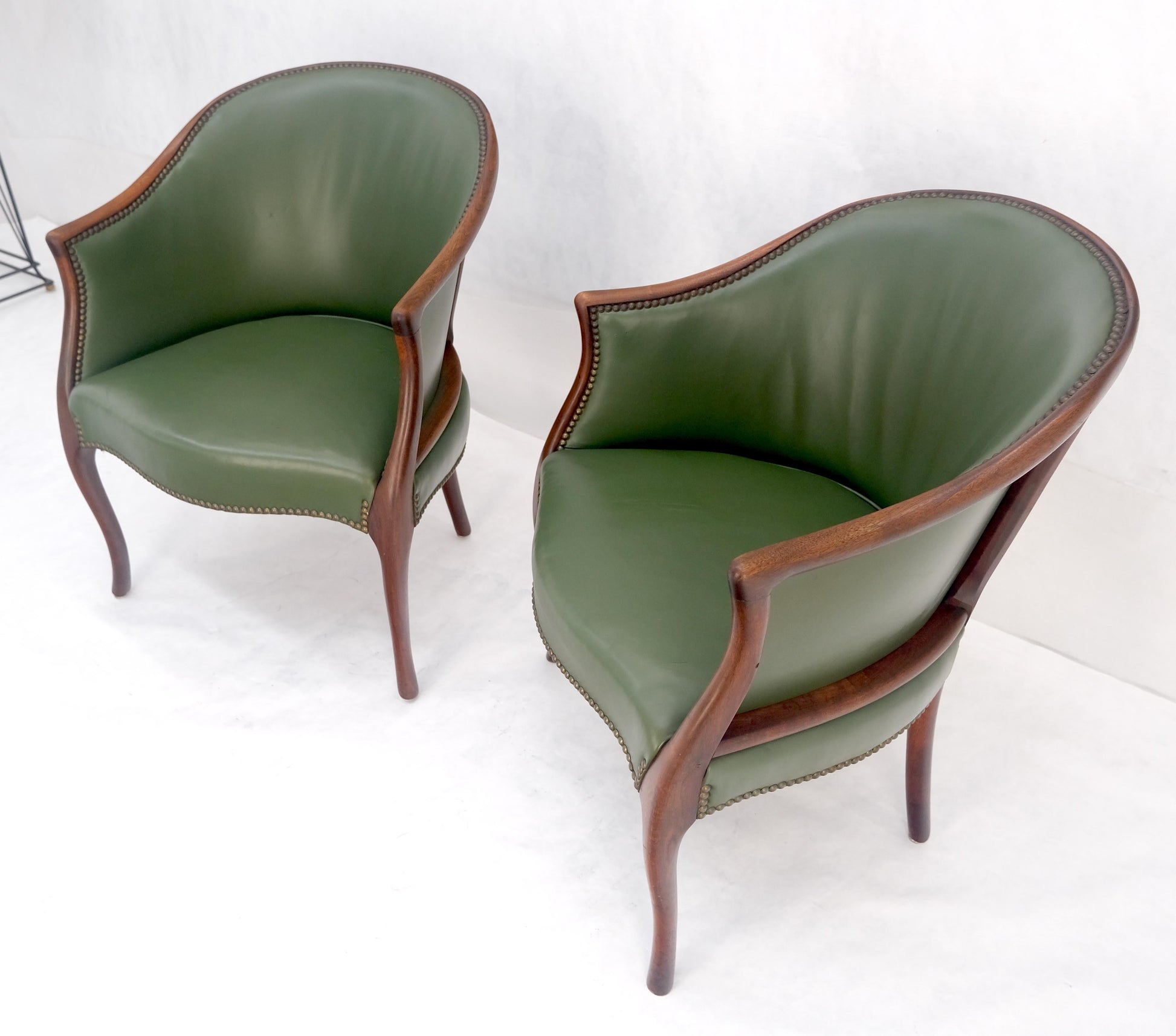 EstablishedLines Pair Very Fine Solid Mahogany Barrel Back Leather Leather Upholstery Armchairs