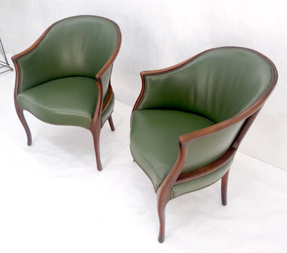 EstablishedLines Pair Very Fine Solid Mahogany Barrel Back Leather Leather Upholstery Armchairs