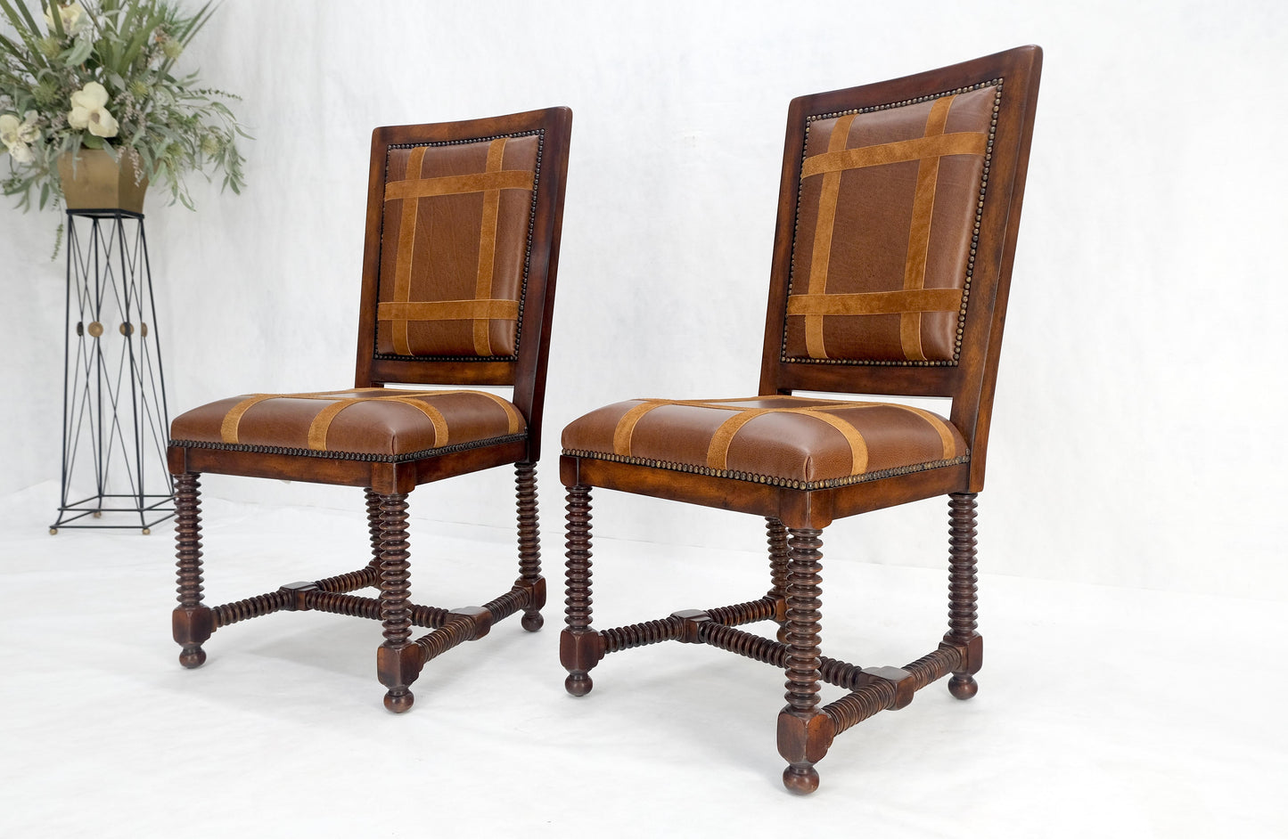 Pair of Turned Legs & Stretchers Large Leather Upholstery Side Chairs MINT!