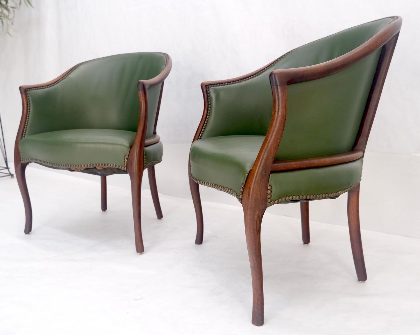 EstablishedLines Pair Very Fine Solid Mahogany Barrel Back Leather Leather Upholstery Armchairs