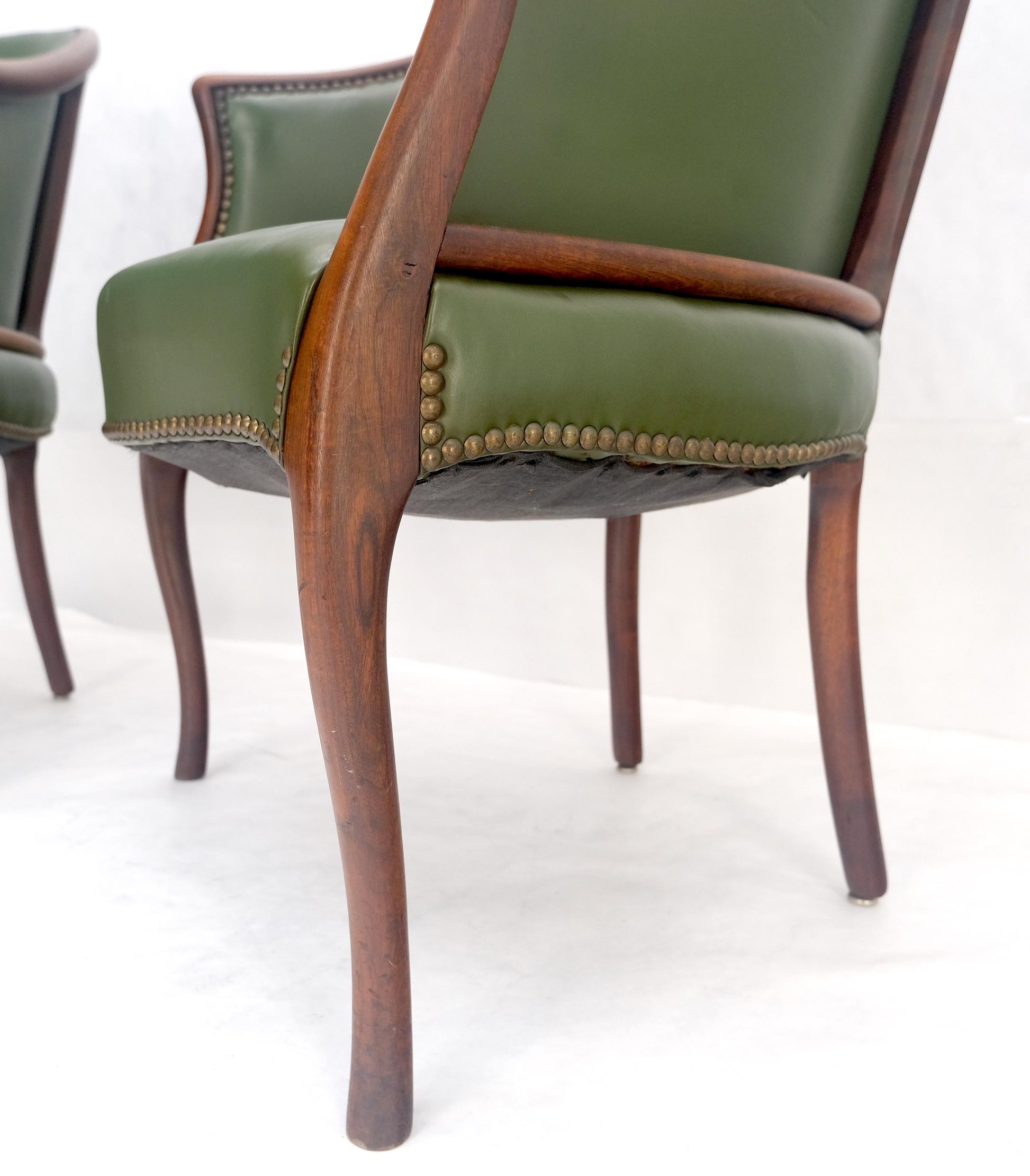 EstablishedLines Pair Very Fine Solid Mahogany Barrel Back Leather Leather Upholstery Armchairs