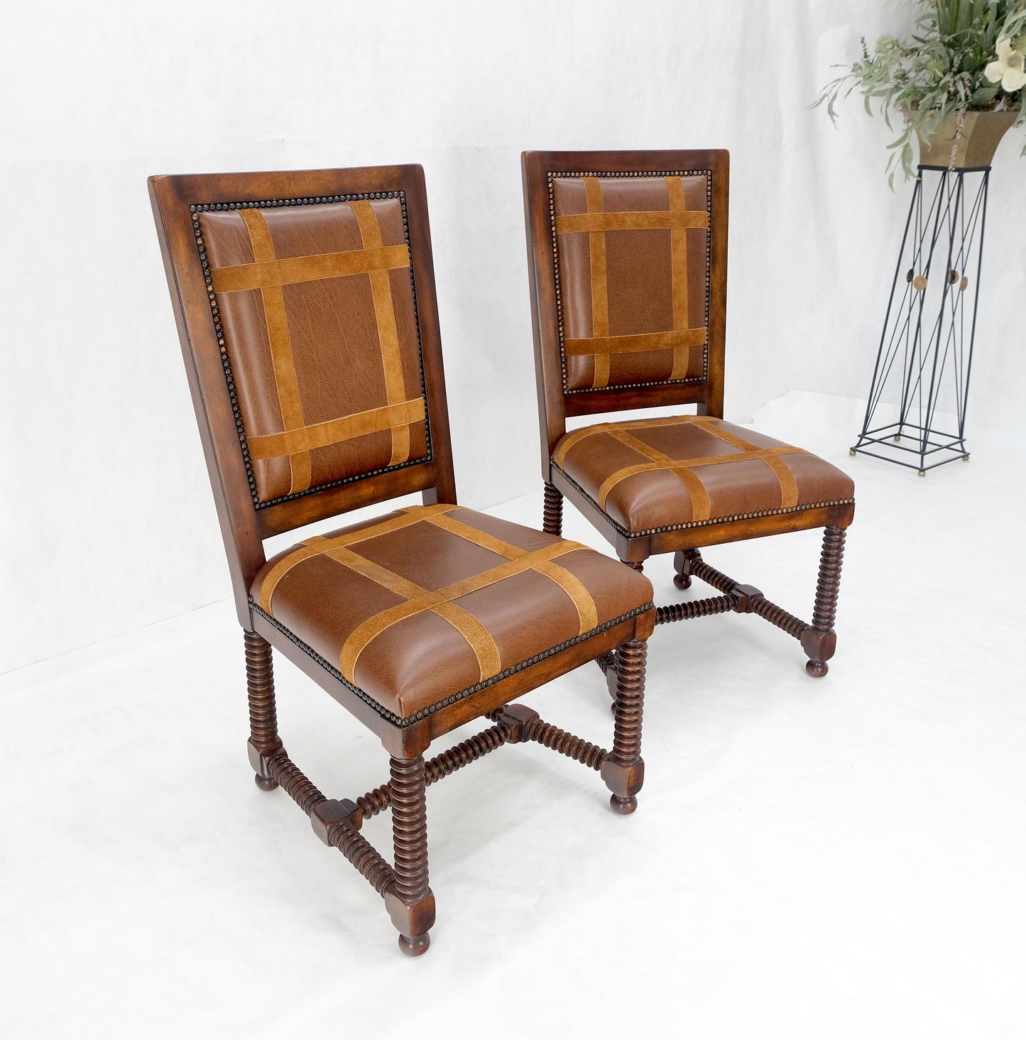 Pair of Turned Legs & Stretchers Large Leather Upholstery Side Chairs MINT!
