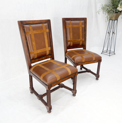Pair of Turned Legs & Stretchers Large Leather Upholstery Side Chairs MINT!