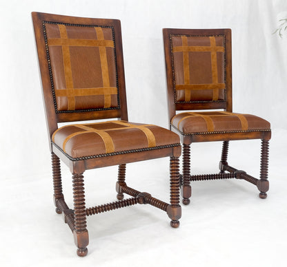 Pair of Turned Legs & Stretchers Large Leather Upholstery Side Chairs MINT!