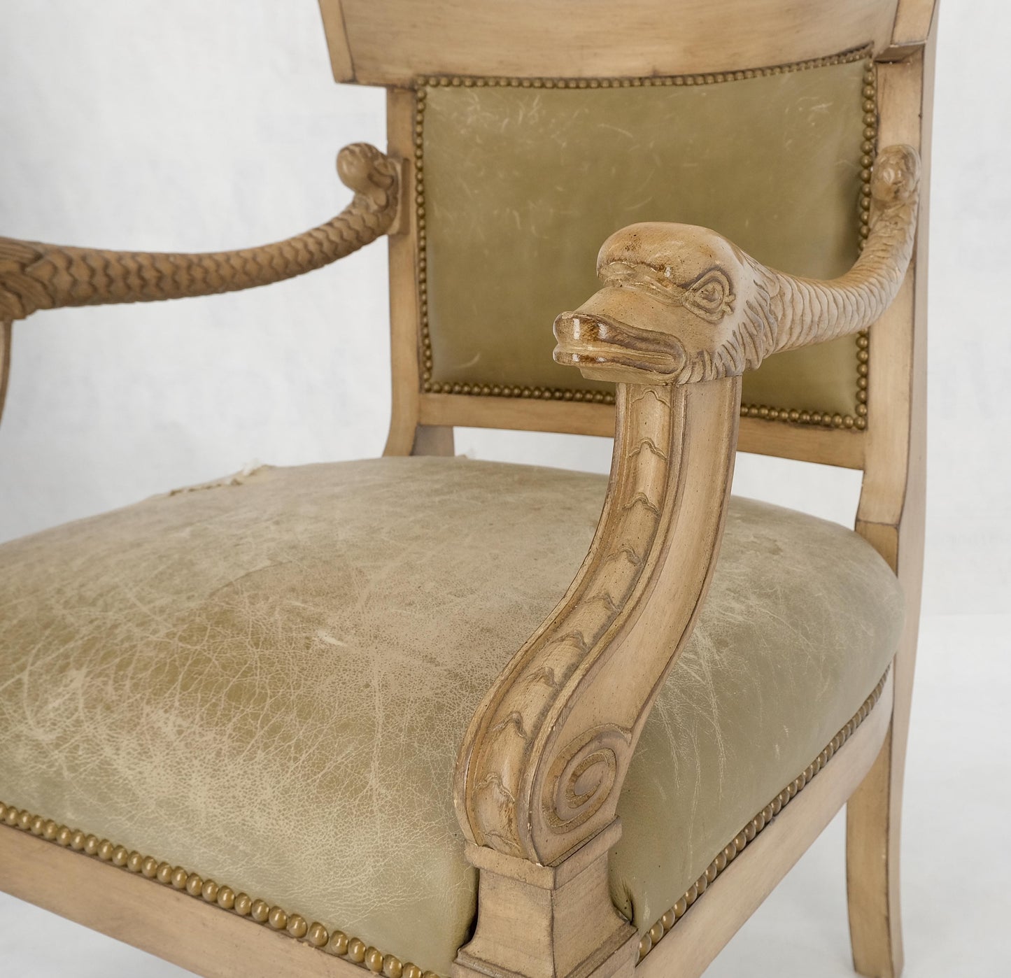 EstablishedLines Carved Dolphins Shape Arms Rounded Back Lounge Chairs Leather Upholstery AS IS