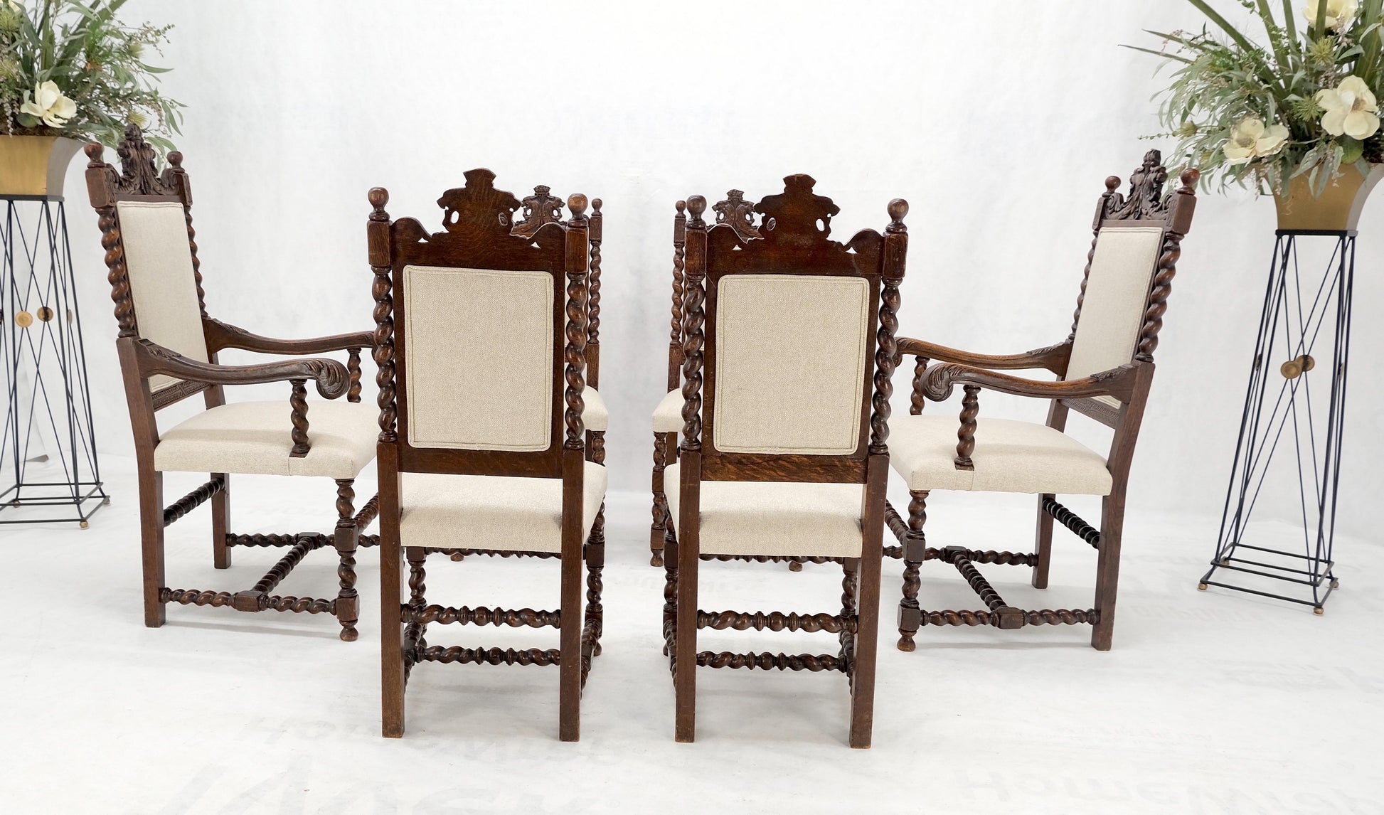 EstablishedLines 6 Fine Carved Oak Lion Heads Twisted Legs New Upholstery Jacobean Dining Chairs