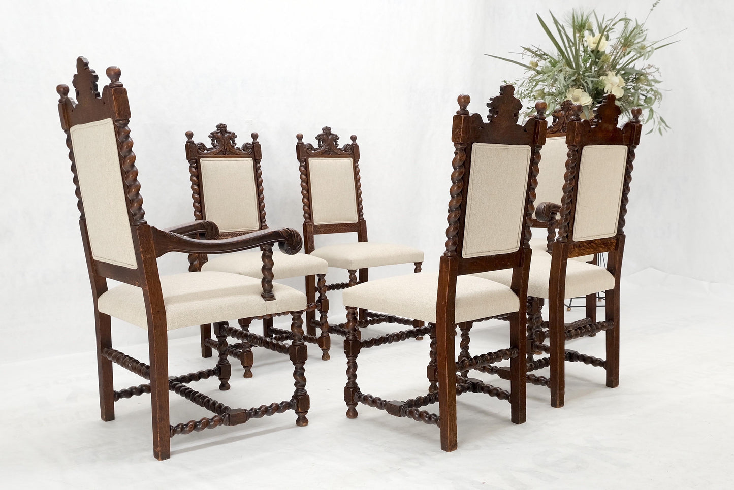 EstablishedLines 6 Fine Carved Oak Lion Heads Twisted Legs New Upholstery Jacobean Dining Chairs