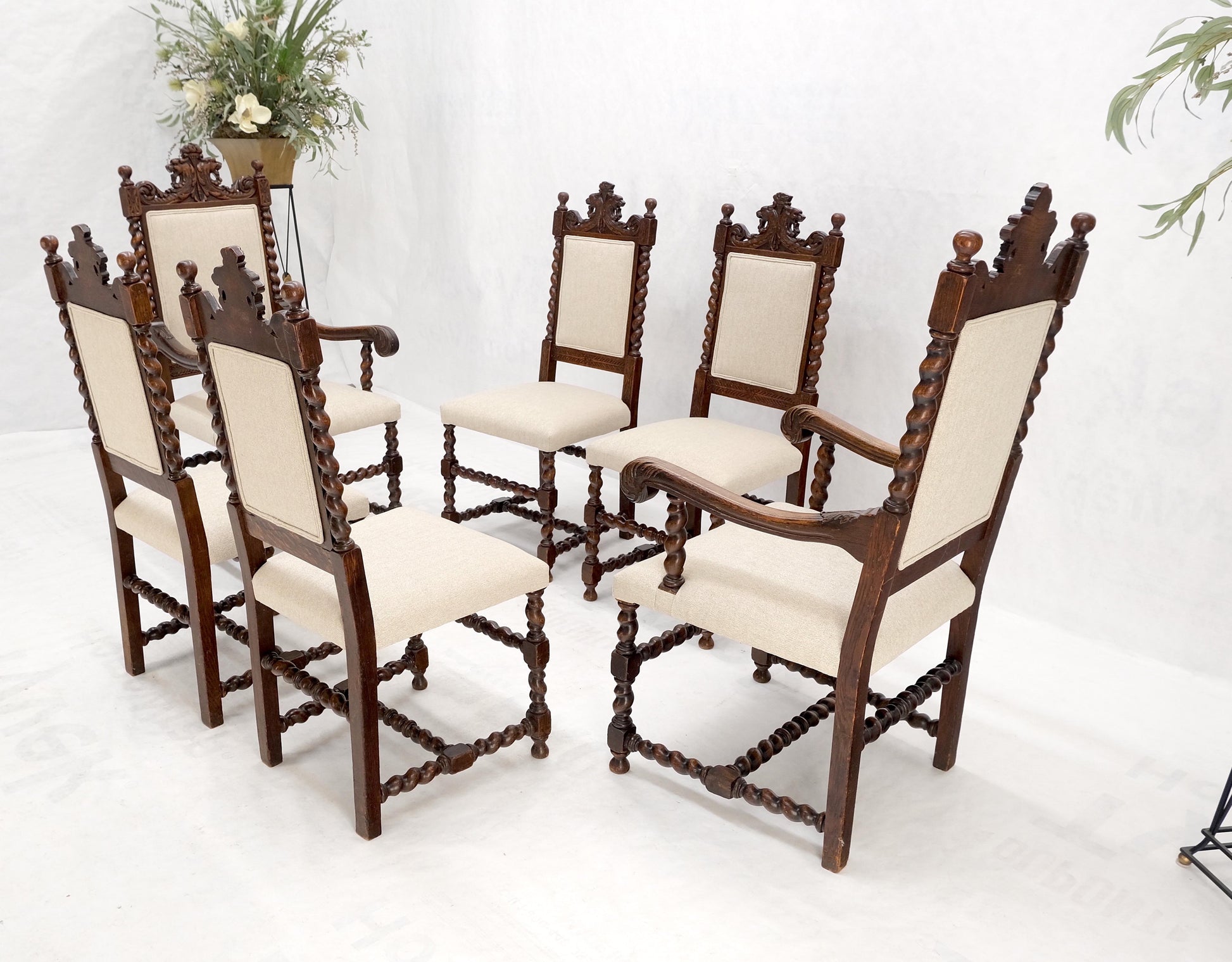 EstablishedLines 6 Fine Carved Oak Lion Heads Twisted Legs New Upholstery Jacobean Dining Chairs