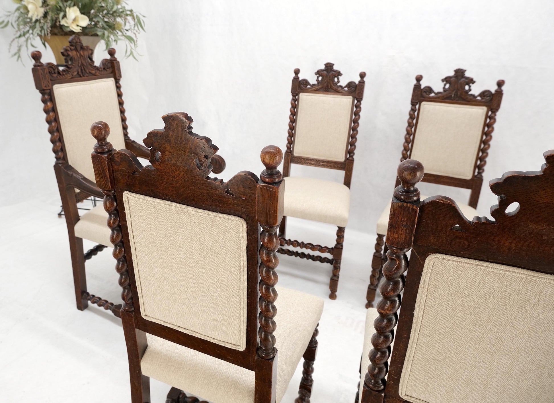 EstablishedLines 6 Fine Carved Oak Lion Heads Twisted Legs New Upholstery Jacobean Dining Chairs