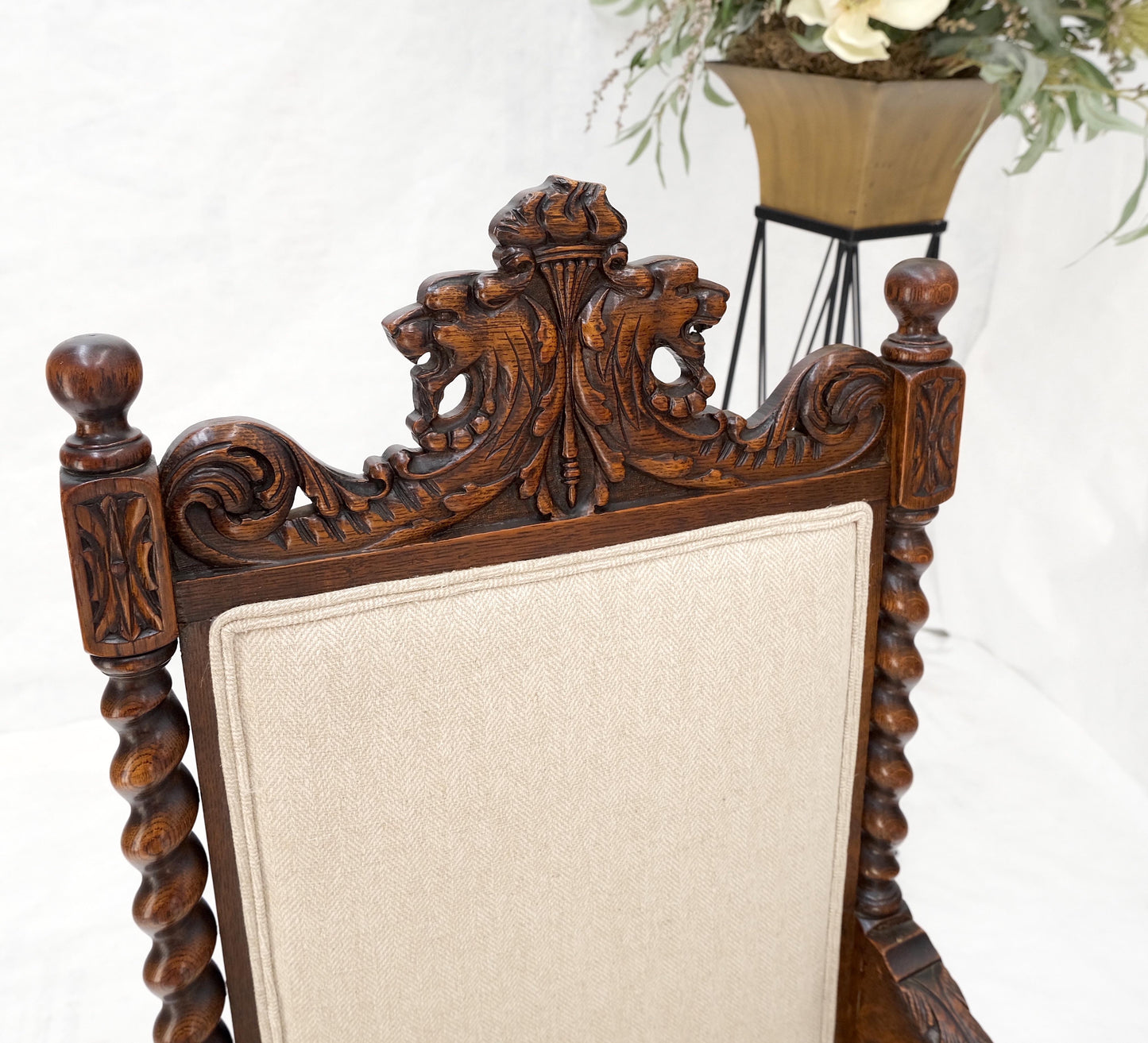EstablishedLines 6 Fine Carved Oak Lion Heads Twisted Legs New Upholstery Jacobean Dining Chairs