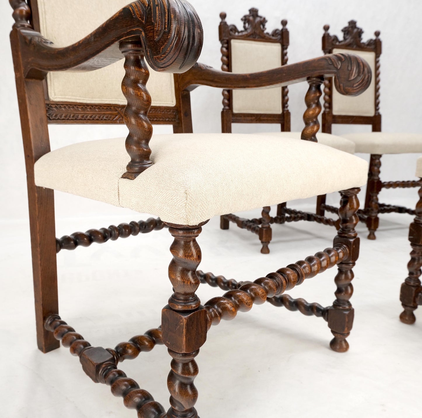 EstablishedLines 6 Fine Carved Oak Lion Heads Twisted Legs New Upholstery Jacobean Dining Chairs
