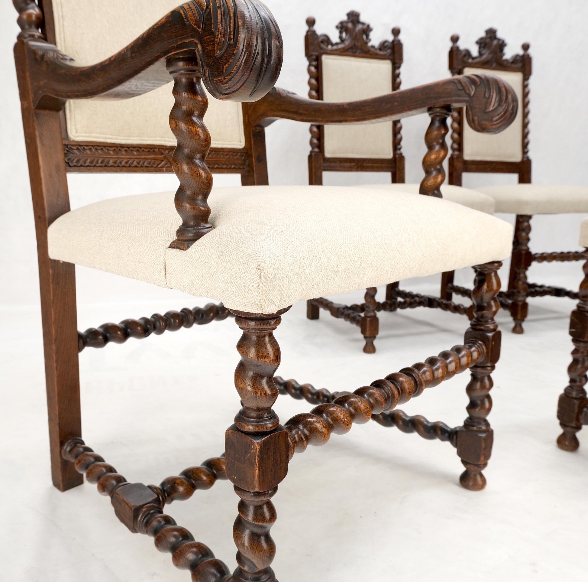 EstablishedLines 6 Fine Carved Oak Lion Heads Twisted Legs New Upholstery Jacobean Dining Chairs