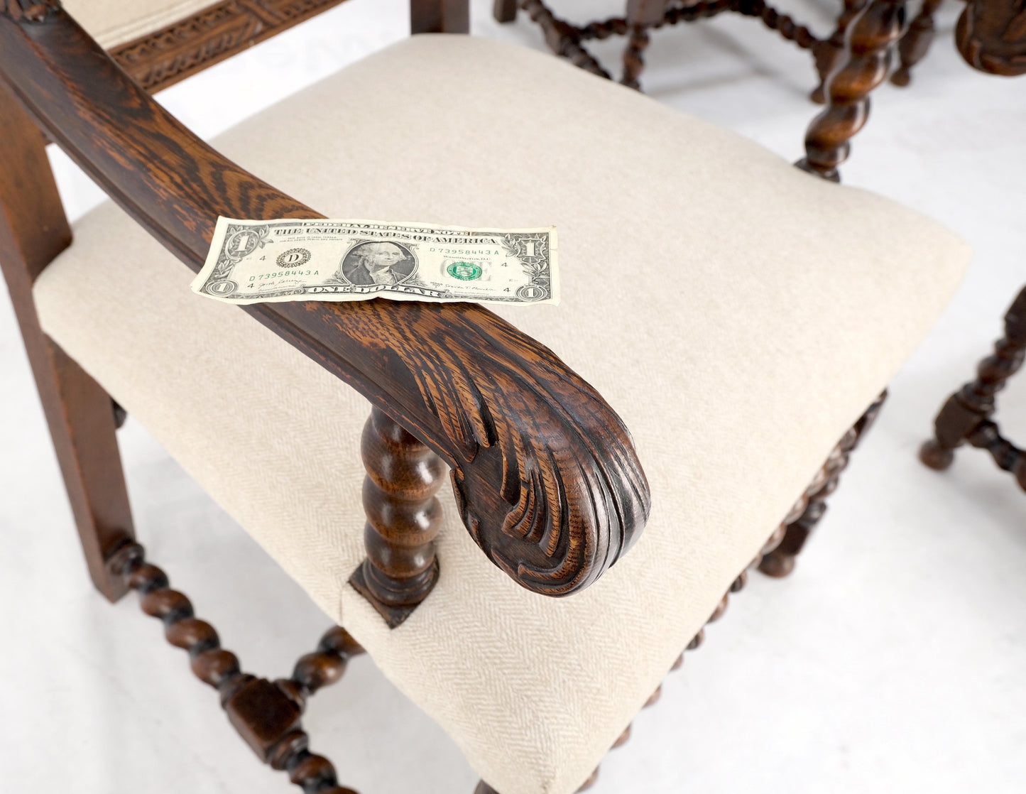 EstablishedLines 6 Fine Carved Oak Lion Heads Twisted Legs New Upholstery Jacobean Dining Chairs