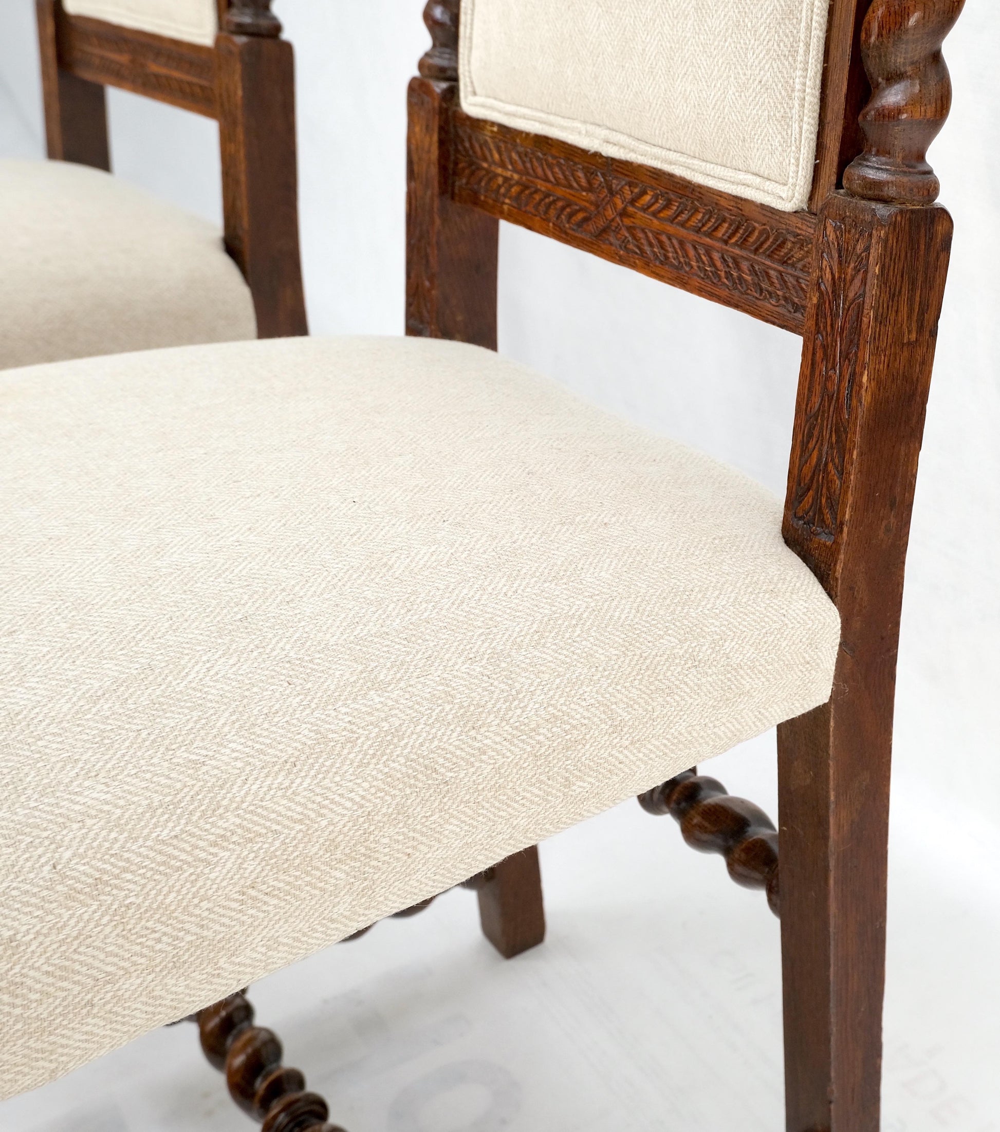 EstablishedLines 6 Fine Carved Oak Lion Heads Twisted Legs New Upholstery Jacobean Dining Chairs