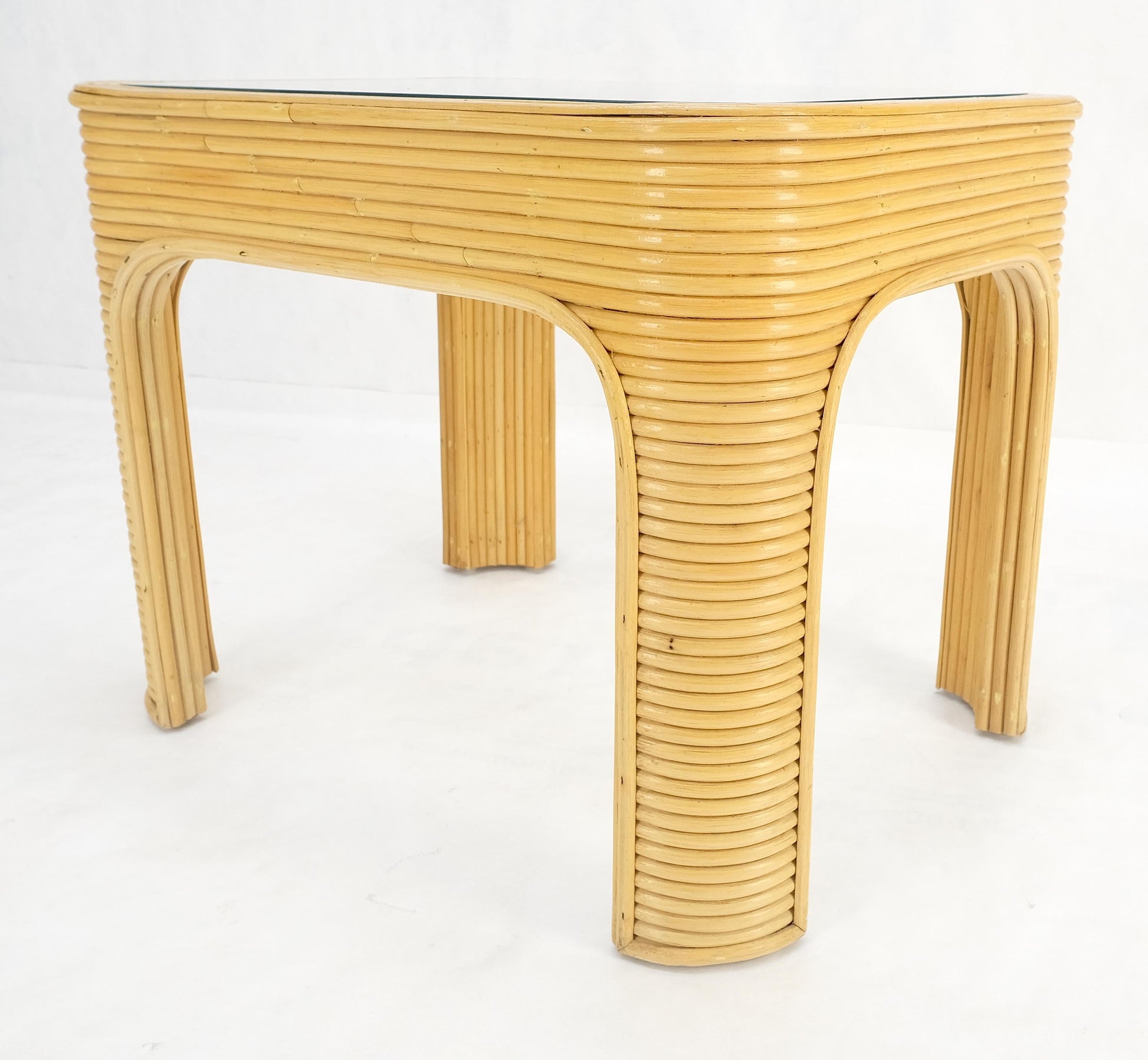 EstablishedLines Blond Rattan Reed Glass Top c1970s Side End Occasional Table Stand MINT!
