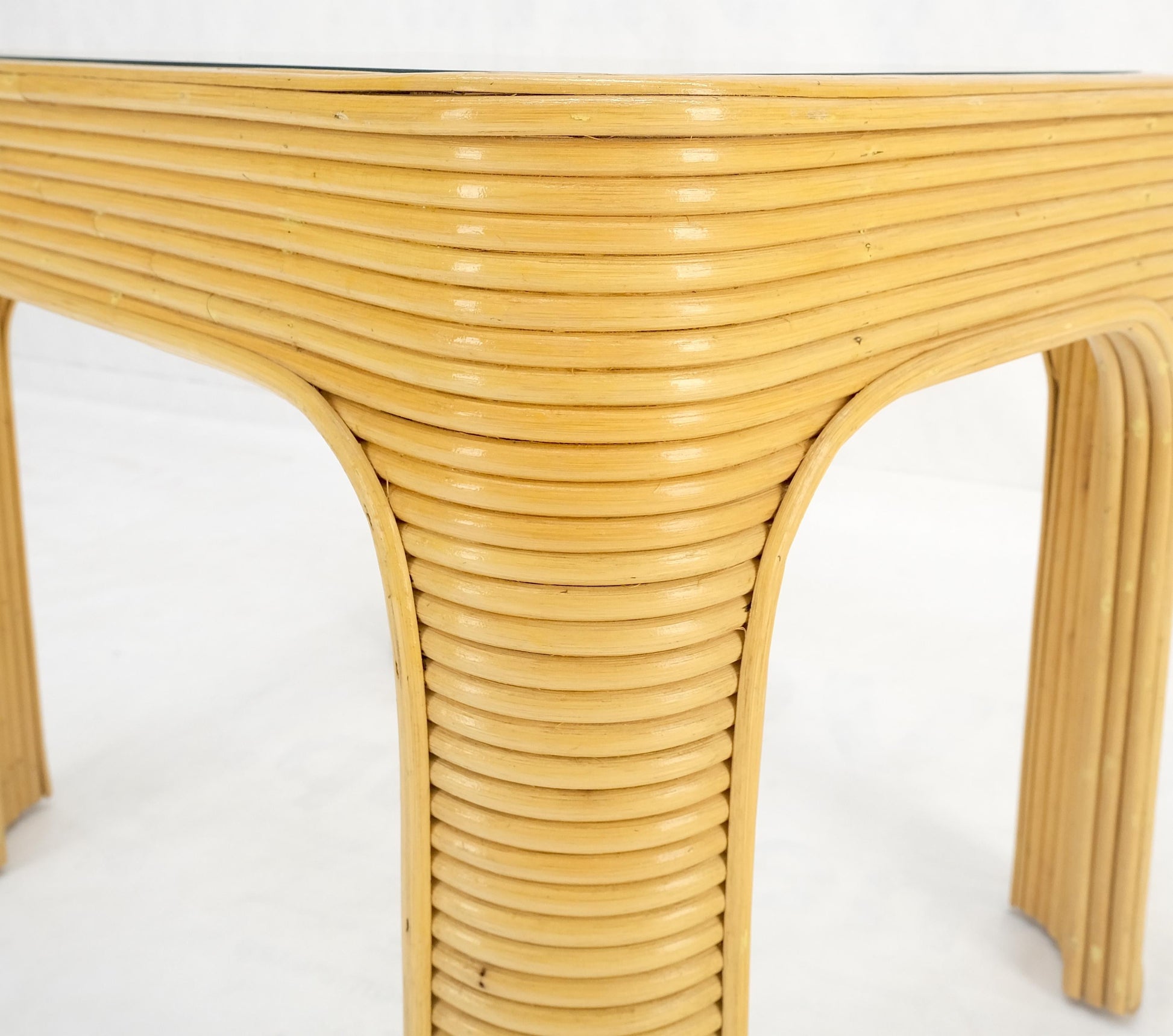 EstablishedLines Blond Rattan Reed Glass Top c1970s Side End Occasional Table Stand MINT!