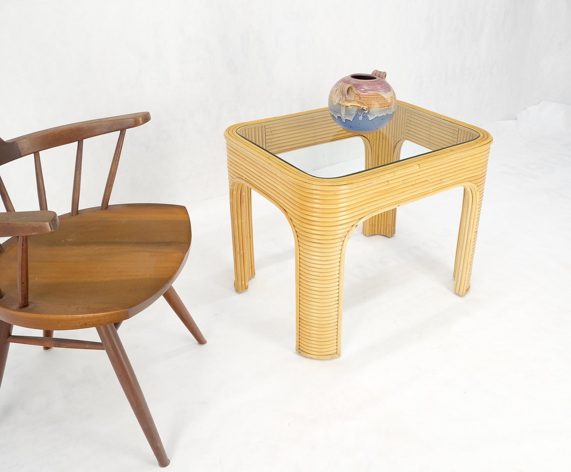 EstablishedLines Blond Rattan Reed Glass Top c1970s Side End Occasional Table Stand MINT!