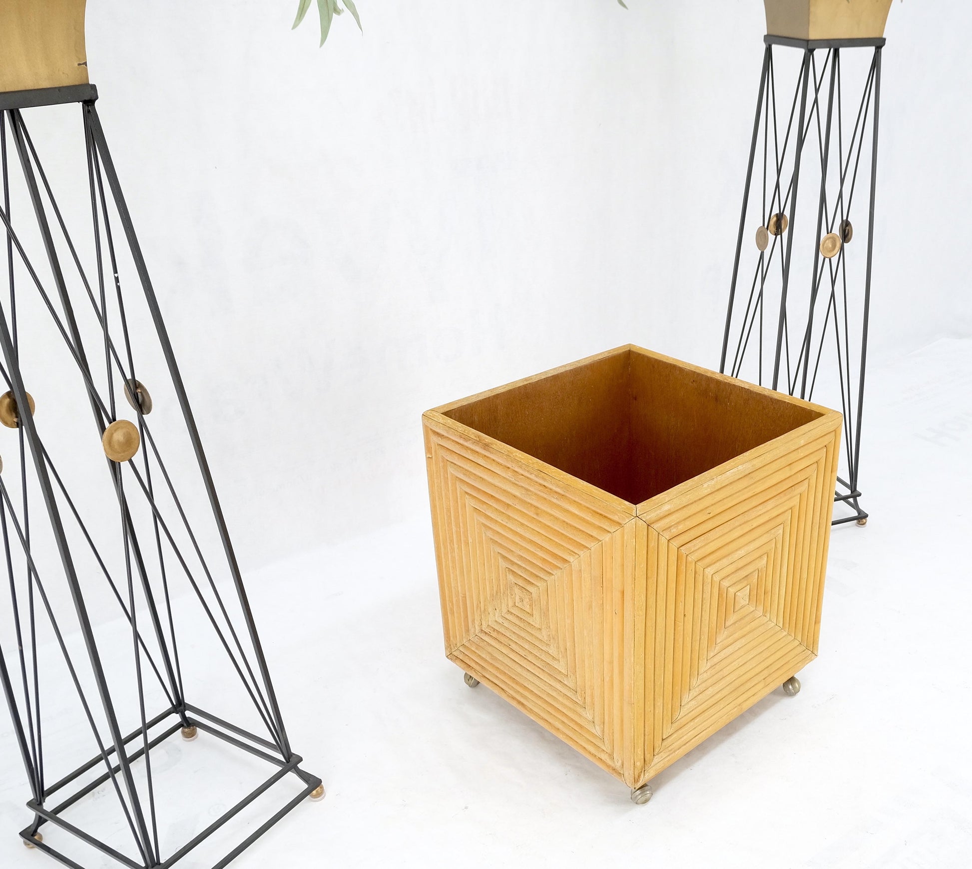 EstablishedLines Mid-Century Modern Reed Bamboo Rattan Square Cube Shape Planter Stand on Wheels