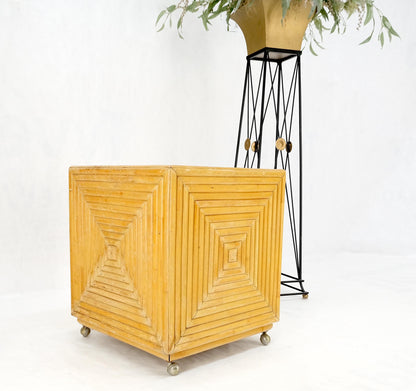 EstablishedLines Mid-Century Modern Reed Bamboo Rattan Square Cube Shape Planter Stand on Wheels