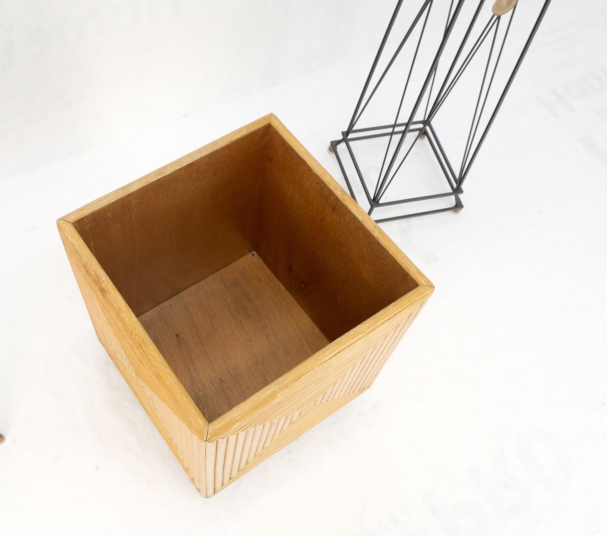 EstablishedLines Mid-Century Modern Reed Bamboo Rattan Square Cube Shape Planter Stand on Wheels