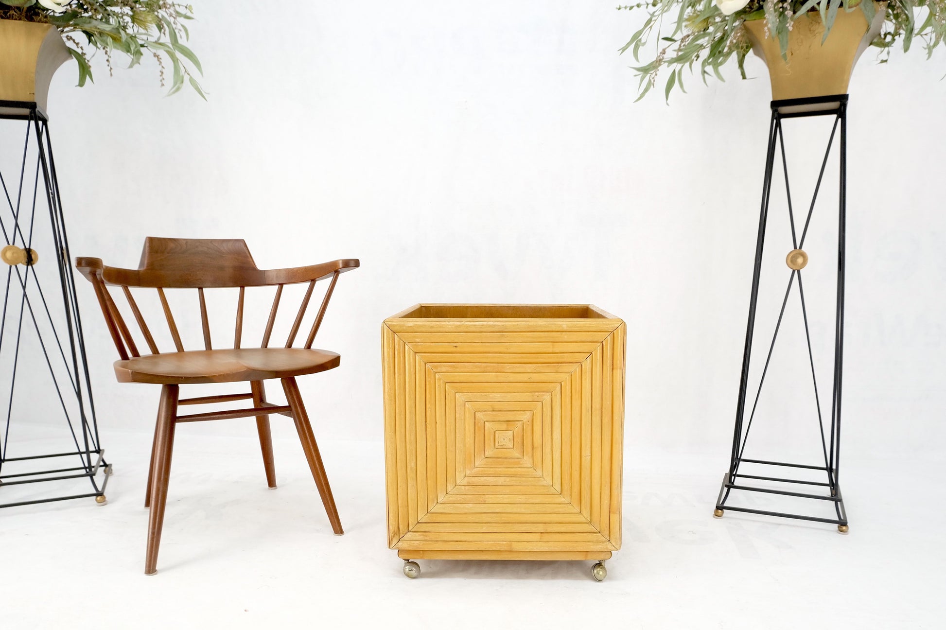 EstablishedLines Mid-Century Modern Reed Bamboo Rattan Square Cube Shape Planter Stand on Wheels