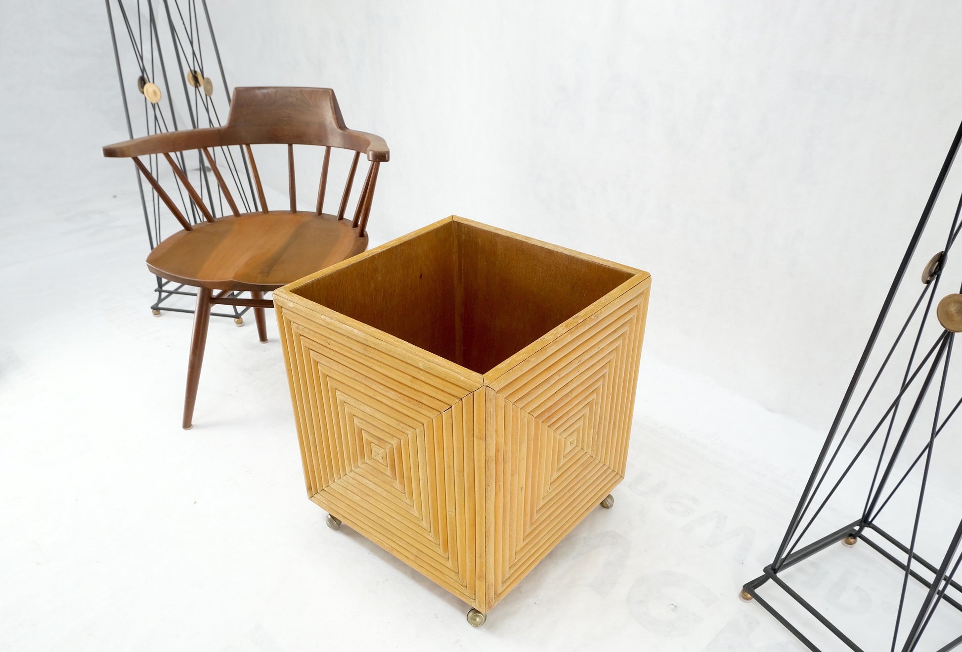 EstablishedLines Mid-Century Modern Reed Bamboo Rattan Square Cube Shape Planter Stand on Wheels