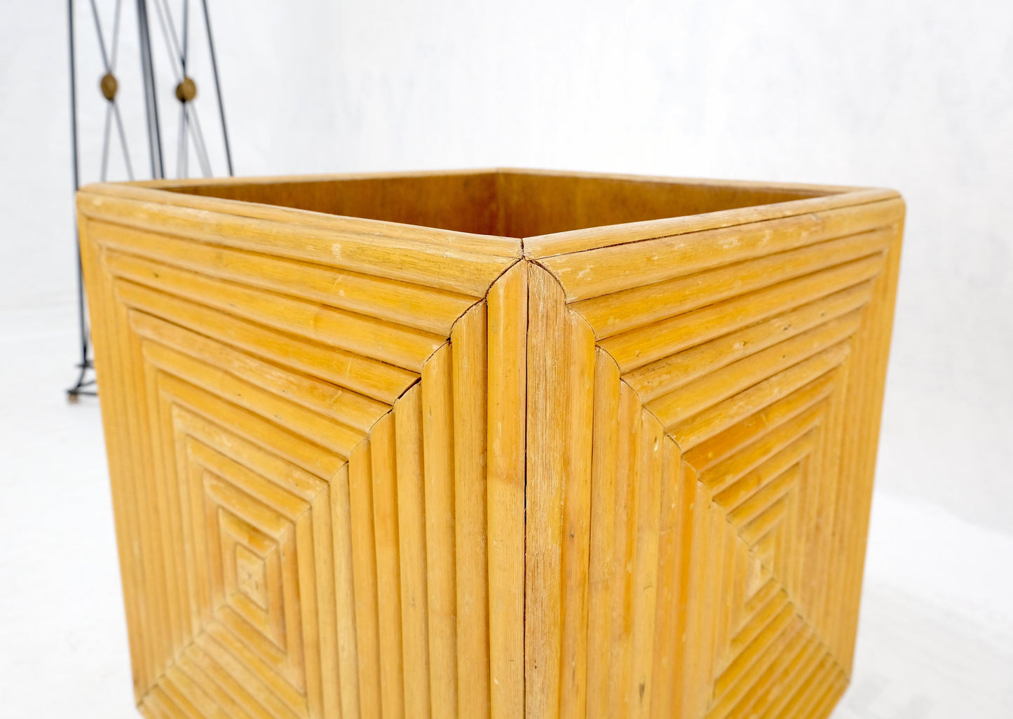 EstablishedLines Mid-Century Modern Reed Bamboo Rattan Square Cube Shape Planter Stand on Wheels