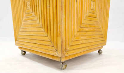 EstablishedLines Mid-Century Modern Reed Bamboo Rattan Square Cube Shape Planter Stand on Wheels