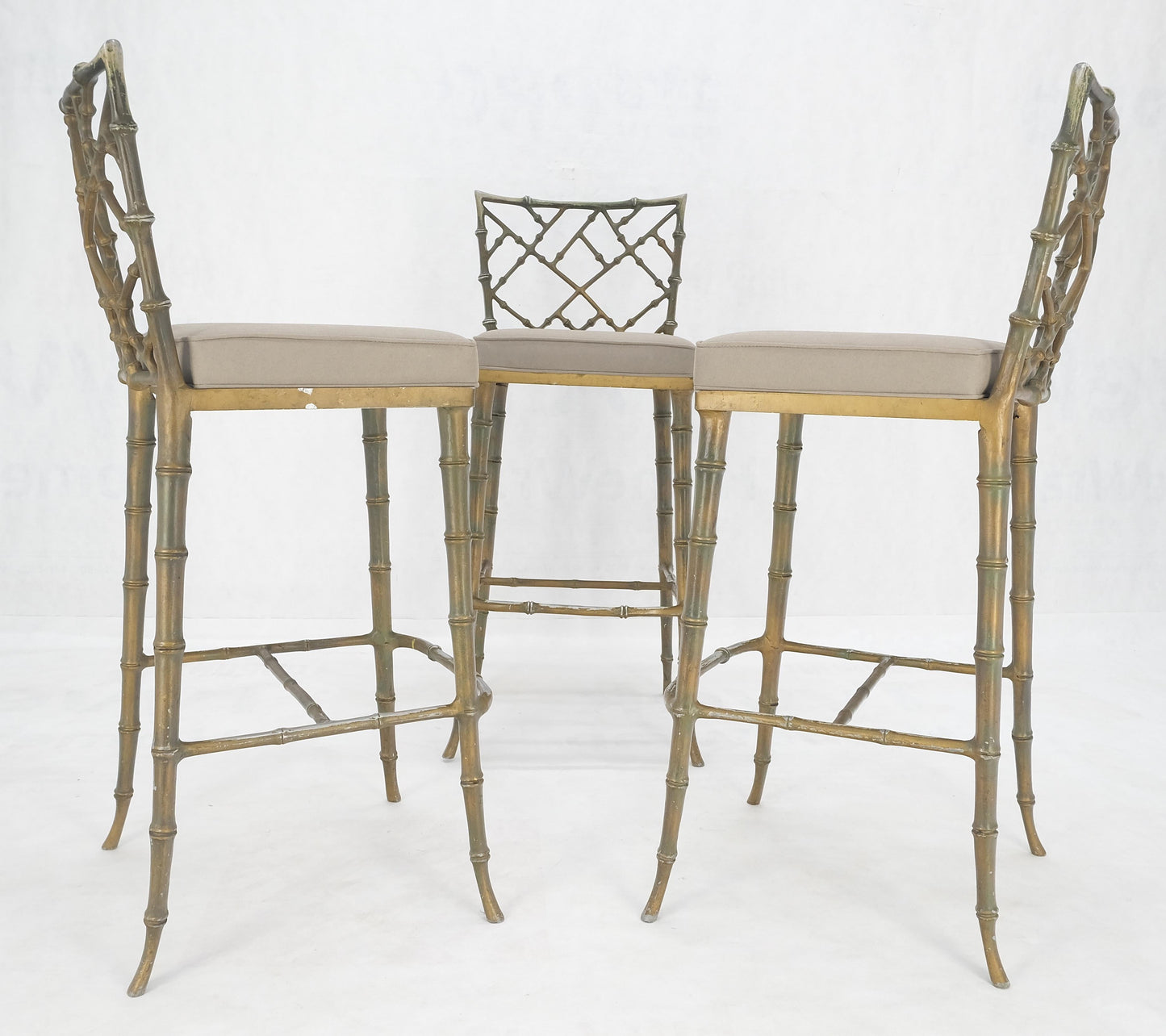 EstablishedLines Cast Aluminum set of 3 Faux Bamboo Bar Stools New Alcantera Fabric Upholstery