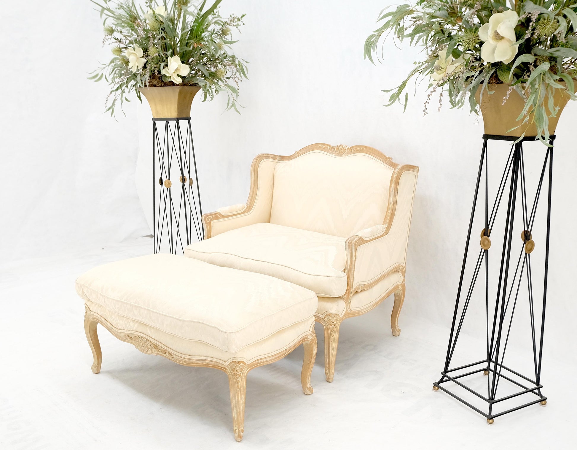 EstablishedLines Extra Wide Country French Lounge Chair W/ Matching Ottoman Beige Upholstery Mint
