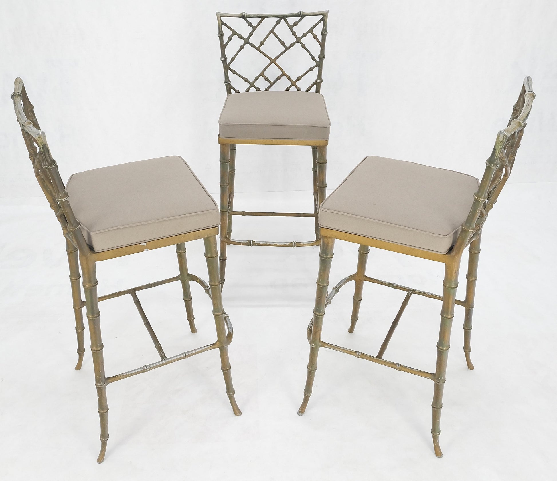 EstablishedLines Cast Aluminum set of 3 Faux Bamboo Bar Stools New Alcantera Fabric Upholstery