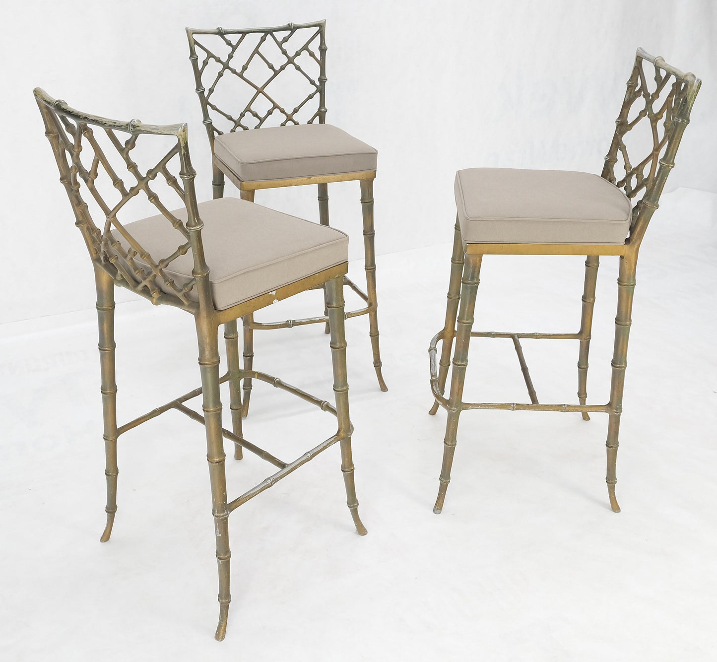 EstablishedLines Cast Aluminum set of 3 Faux Bamboo Bar Stools New Alcantera Fabric Upholstery